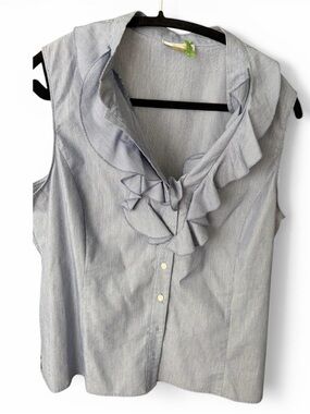 Tahari Light Blue Stripe Ruffle Sleeveless Blouse